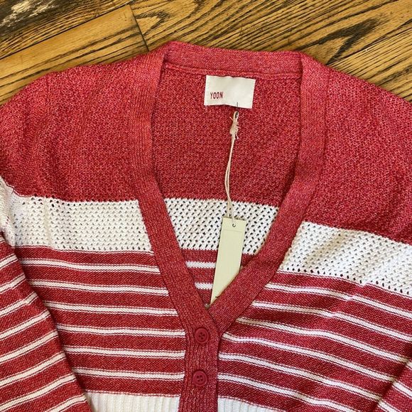Anthropologie Yoon NWT Cropped Cardigan Lond Sleeve Small Pink & White - Picture 2 of 7